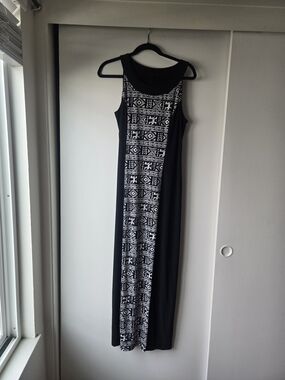 AB Studio Black Maxi Dress with Black and White Geometric Center Panel.